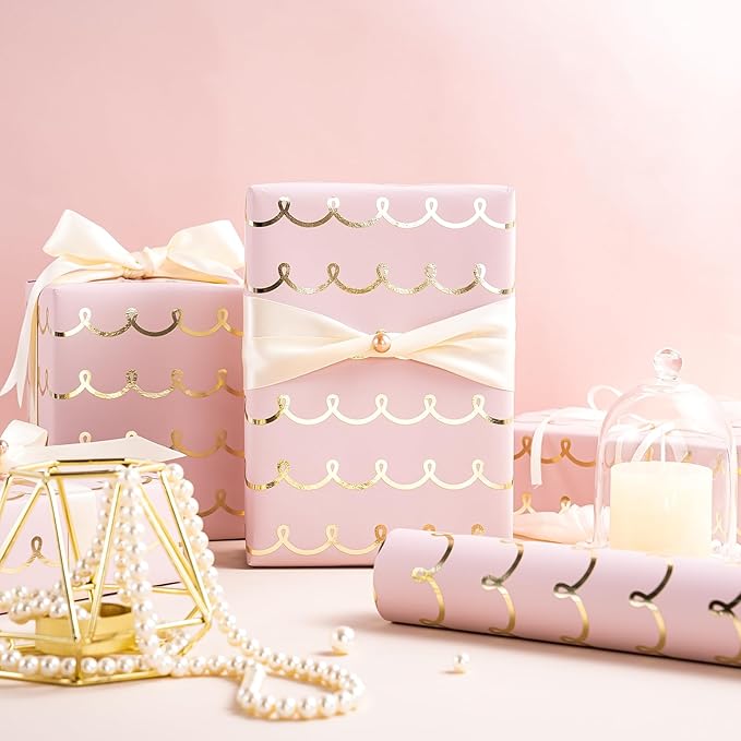 WRAPAHOLIC Pink Wrapping Paper Roll - Mini Roll - 17 Inch x 16.5 Feet - Metallic Foil Chic Classic Pink and Gold Wedding Wrapping Paper for Birthday, Wedding, Baby Shower, Valentine's Day