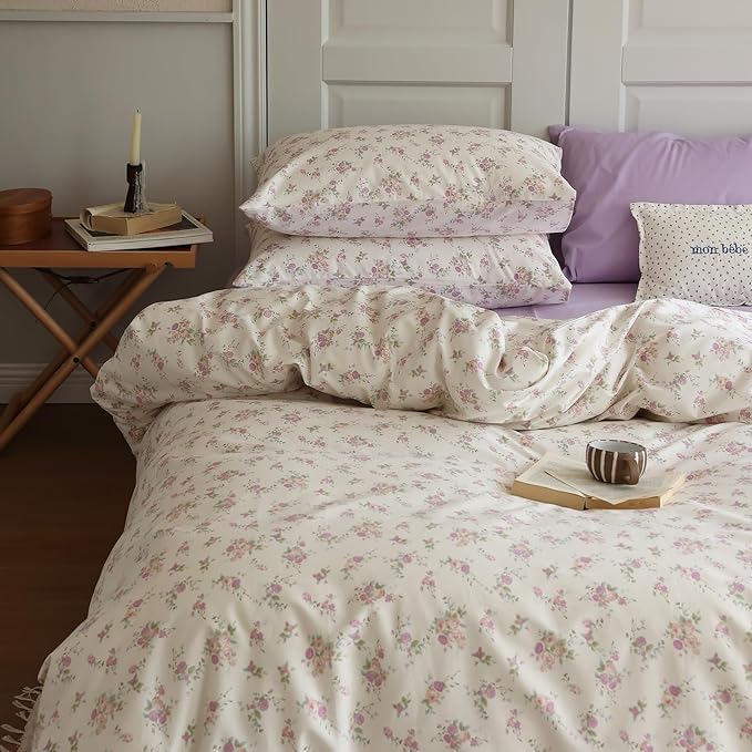 LifeTB Pink Flower Duvet Cover Twin 100% Cotton Girls Cottagecore Bedding Set 3 Pieces Botanical Floral Comforter Cover with Zipper Closure Vintage Country Bedding Cute Floral Duvet Cover Twin