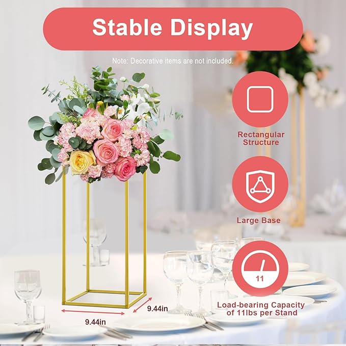 10PC 23.6" Flower Stand for Wedding Metal Cylinder Stands for Party Rectangular Gold Centerpieces Flower Vase Gold Pedestal Columns for Weddings Indoor Outdoor Flower Plant Stand Decoration
