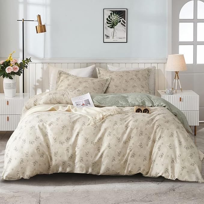 EAVD Boho Floral Duvet Cover King Beige 100% Cotton Chic Shabby Garden Floral Pattern Aesthetic Bedding Set with 2 Pillowcases Reversible Green Floral Botanical Duvet Cover with Zipper Closure