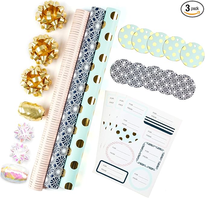 MAYPLUSS Wrapping Paper Set - Mini Roll with Bow & Ribbon & Gift Tags & Stickers - 17 inch X 120 inch Per roll - Pink Gold Stripe, Blue Polka dots and Black Floral Design (42.3 sq.ft.ttl)