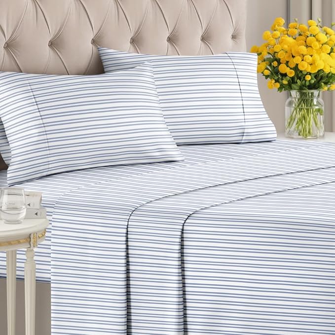 Blue and White Striped Sheets - 1 Flat & 1 Fitted Sheet & 2 Pillowcases w/ Deep Pockets - Comfy, Wrinkle & Fade Resistant - Ultra-Soft, Breathable & Cooling - Luxury Pinstripe Bedding - King Size