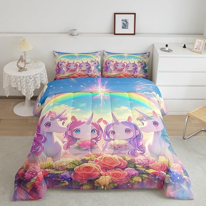 Castle Fairy Kawaii Unicorn Comforter Set King Size,Cartoon Cute Unicorn Horse Animal Reversible Bedding Set All Season Quilt Set,Stars Rainbow Watercolor Flowers Microfiber Polyester Down Comforter