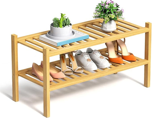 RONGJlA 2 Tier Bamboo Shoe Rack for Closet Free Standing Wood Shoe Shelf Storage Organizer for Entryway Small Space Stackable, Natural