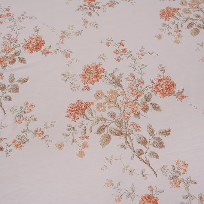 Zusbest Full Size Floral Bed Sheets 100% Percale Cotton Orange Brushed for Extra Softness, Breathable Luxury Flannel Sheets Like Shabby Vintage Flower Print Deep Pocket Fitted Sheet 17.5'' 4 Pcs