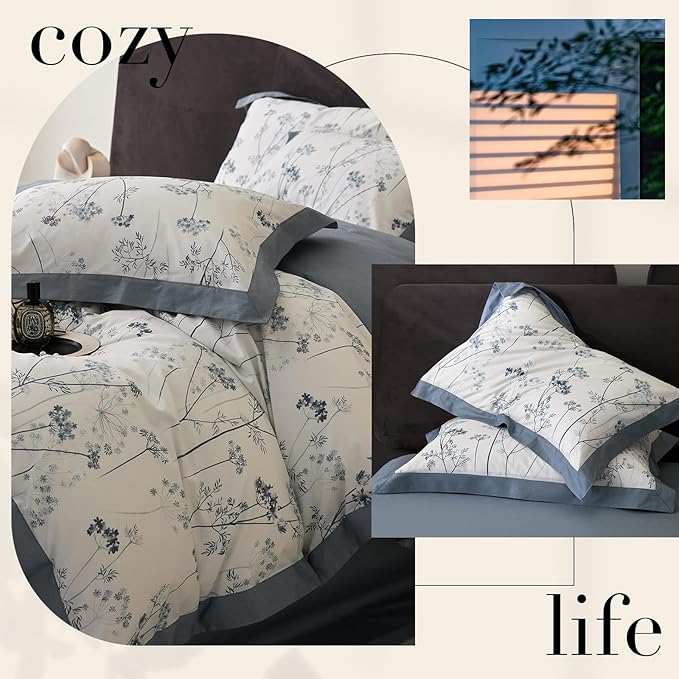 HighBuy Cute Blue Floral Duvet Cover Twin Boho Floral Cotton Soft Girl Twin Comforter Cover Cottagecore Flowers Plant Pattern Luxury Bedding Set,1 Duvet Cover 68x86,2 Pillowcases for Women Teen