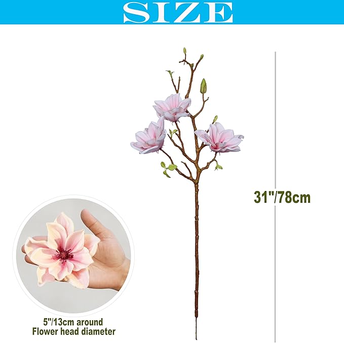 3pcs Artificial Magnolia Flower Branches, 31 Inch Long Stem Faux Floral, Premium Faux Bloom for Home Decor, Centerpieces, and Wedding Arrangements, Pink