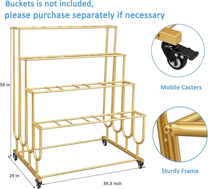 Flower Display Stand Frame, 4-Tier Flower Cart with Wheels, Metal Floral Display Rack , Moving Florist Bouquet Shelf for Shop ,Flower Bar, Events (Gold - 4 Tier) ,Without Flower Buckets