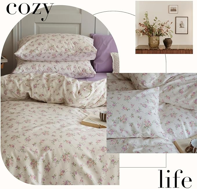 LifeTB Vintage Pink Floral Duvet Cover Queen Soft 100% Cotton Girls Cottagecore Bedding Set Cute Peach Flower Comforter Cover with Zipper Closure Vintage Country Bedding Botanical Duvet Cover Queen
