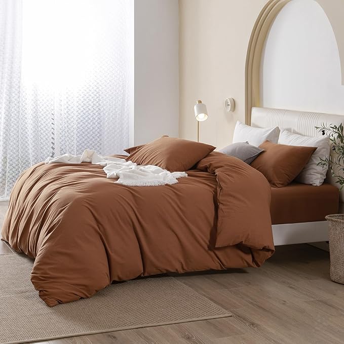 JIYUAN 100% Washed Cotton Duvet Cover Set 3 Pieces Oversized Queen, 1 Duvet Cover 98x98 Inches(Comforter Not Included) and 2 Pillowcases,Linen Feel Bedding Set Comfy and Breathable,Burnt Orange
