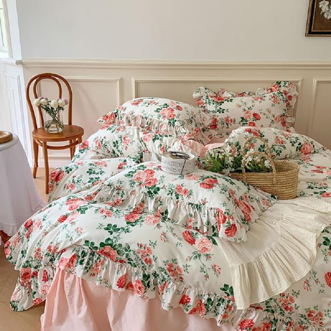 LifeTB Pink Floral Comforter Set King Vintage Pink Flower Leaves Botanical Coquette Bedding Comforter with 2 Pillowcases Romantic Ruffle Boho Comforter Floral King Bed Comforter Set for All Seasons