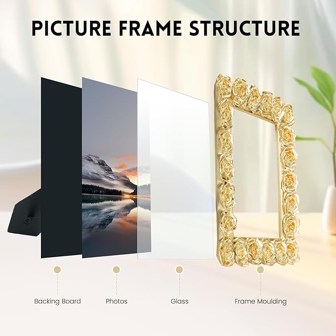Gold Picture Frames, Rose Ornate 5x7 Photo Frame, Vintage Carved Floral Textured Hand-Crafted Picture Frame with Glass Front, Resin Photo Frames Tabletop or Wall Hanging, Pictures Display Frame for Home Decor