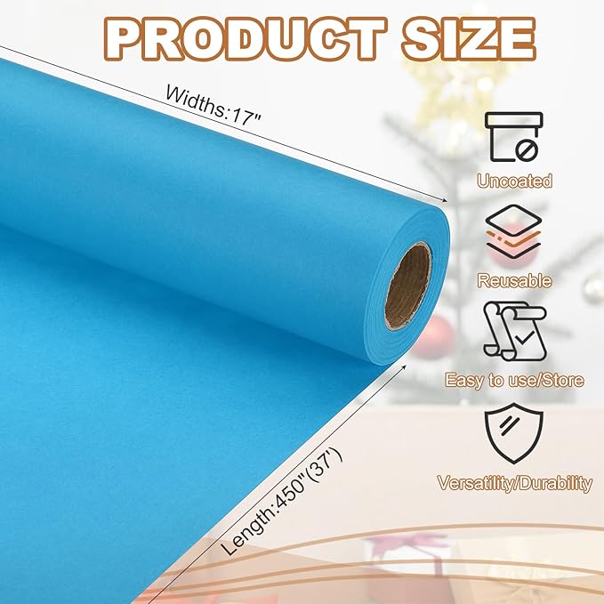 PATIKIL Wrapping Paper, 17" x 450"(37') 70 GSM Craft Paper Roll Kraft Packing Paper for Poster Bulletin Board, Gift Wrapping, Light Blue