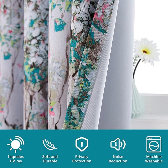 MYSKY HOME Floral Curtains 84 inches Long 2 Panels Pink and Blue Curtain Ink Vintage Flower Thermal Insulated Curtains for Bedroom Living Room Botanical Printed Grommet Privacy Protect Drapes