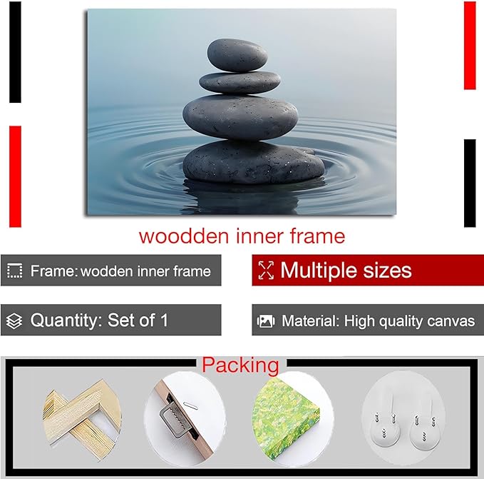 Zen wall art Harmonious grey stones stacked on a calm surface of water Serene Zen decor suitable for tranquil homes and spaces of meditation 12x18in Wood Framed