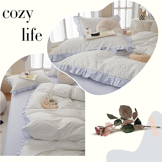 Blue Floral Ruffle Duvet Cover Twin XL White Soft Cotton Lace Duvet Cover Girls Botanical Flower Comforter Cover Romantic Princess Bedding Set Vintage Floral Lace Comforter Cover with Zipper Closure