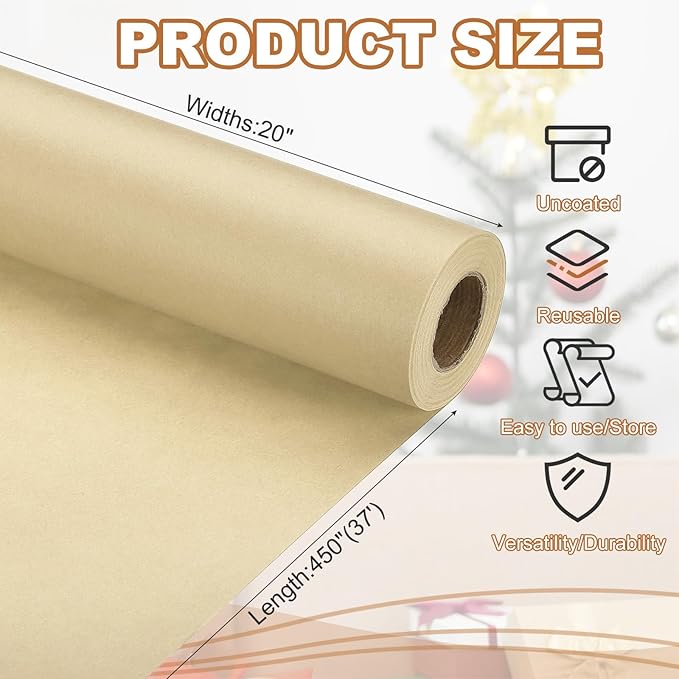 PATIKIL Wrapping Paper, 20" x 450"(37') 70 GSM Craft Paper Roll Kraft Packing Paper for Poster Bulletin Board, Gift Wrapping, Brown