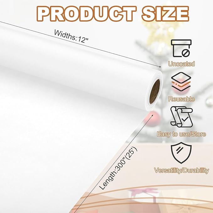 PATIKIL Wrapping Paper, 12" x 300"(25') 70 GSM Craft Paper Roll Kraft Packing Paper for Poster Bulletin Board, Gift Wrapping, White