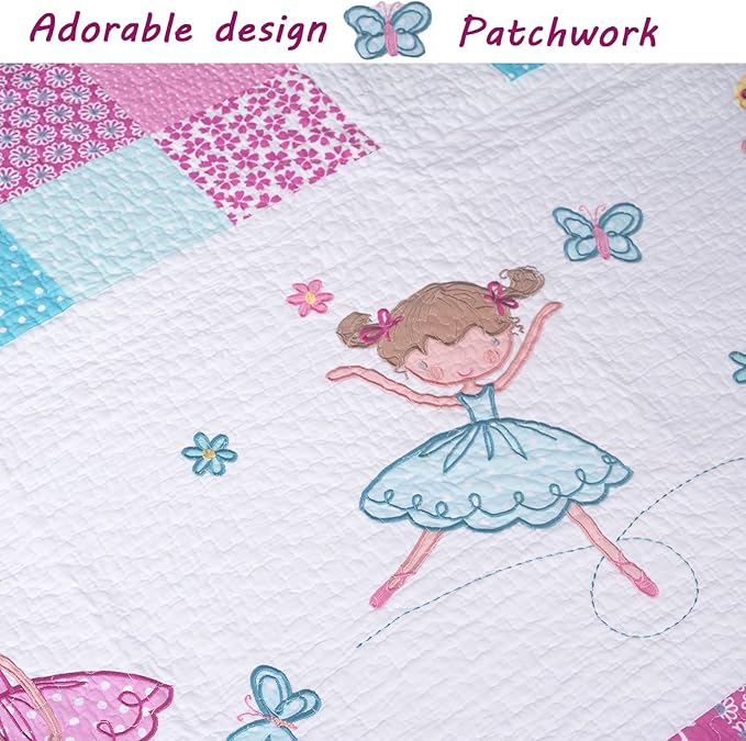 Cozy Line Home Fashions 100% Cotton Dance Princess Girl Reversible Bedding Quilt Set, Bedspread Coverlet for All Seasons (Pink Ballerina, Queen-3 Piece)