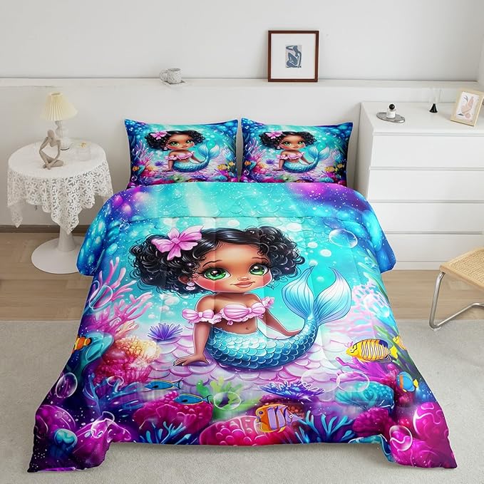 Cute Mermaid Comforter Set Twin Size,Reversible Cute Girl Fish Scale Print Black Bedding Set for Kids Boys Men,African Style Cartoon Fairy Tale Theme Quilted Duvet Set with 1 Pillowcase