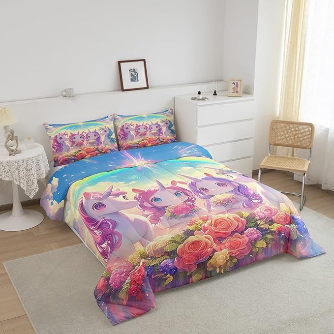 Castle Fairy Kawaii Unicorn Comforter Set Twin Size,Cartoon Cute Unicorn Horse Animal Reversible Bedding Set for Kids Boys Men,Stars Rainbow Watercolor Flowers Quilted Duvet Set with 1 Pillowcase