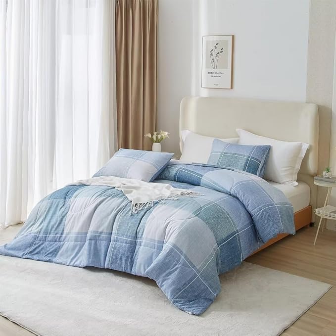 LifeTB Twin XL Comforter Set Blue Checkered Comforter Set for Men Boys Geometric Checkered Plaid Printed Boho Bedding Comforter for All Seasons Fluffy Soft Lightweight Plaid Bedding Set Twin XL