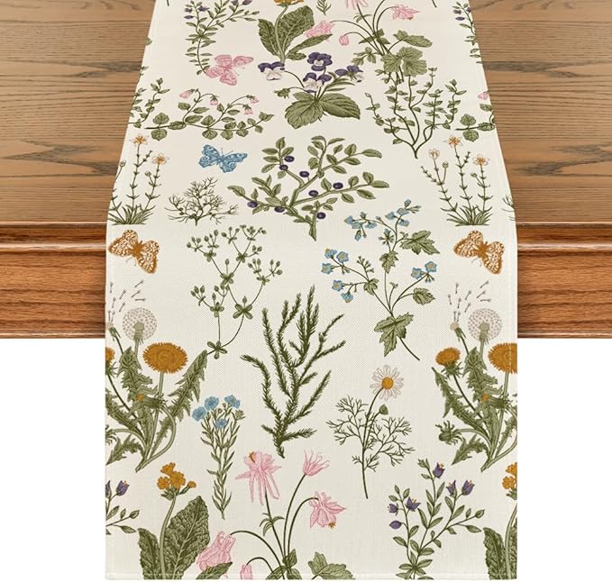 Artoid Mode Wildflowers Floral Spring Table Runner, Butterfly Seasonal Summer Kitchen Dining Table Decoration for Home Party Decor 13x90 Inch