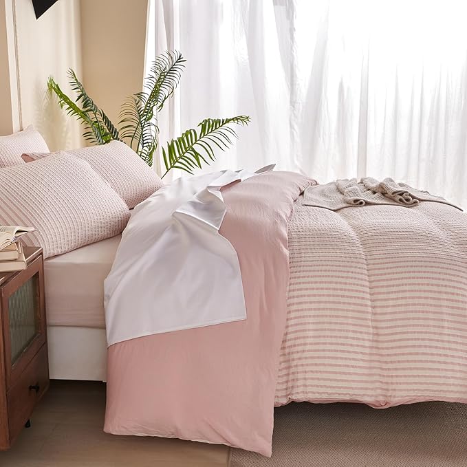 Striped Duvet Cover Set Queen Pink Washed Microfiber Jacquard 3 Pieces Bedding Set, White Pink Vertical Ticking Stripes Pattern Comforter Cover with Zipper Closure Breathable Durable Soft Comfy