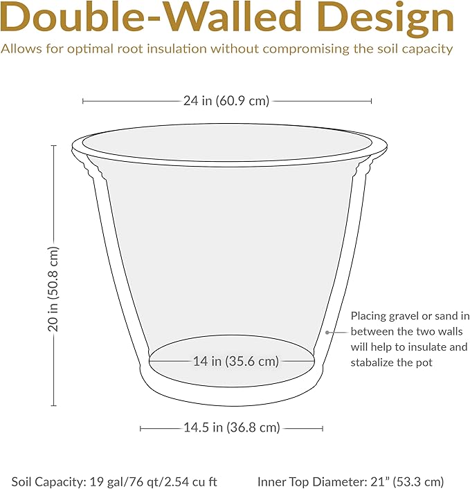 Sunnydaze 24-Inch Anjelica Large Plastic Pot for Plants - Double-Walled Outdoor Polyresin Round Planter Porch Pot with Drillable Drainage Holes - Rust - 3pk