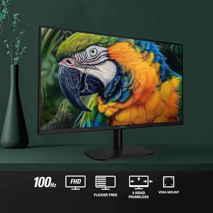 AOC 24B2H2 24” Frameless IPS Monitor, FHD 1920x1080, 100Hz, 106% sRGB, for Home and Office, HDMI x2, Low Blue Mode, VESA Compatible, Black