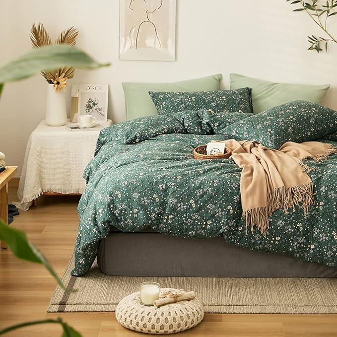 EAVD Vintage Style Garden Green Floral Duvet Cover King Soft Jersey Knit Cotton Aesthetic Floral Bedding Set Chic Botanical Green Duvet Cover with Zipper