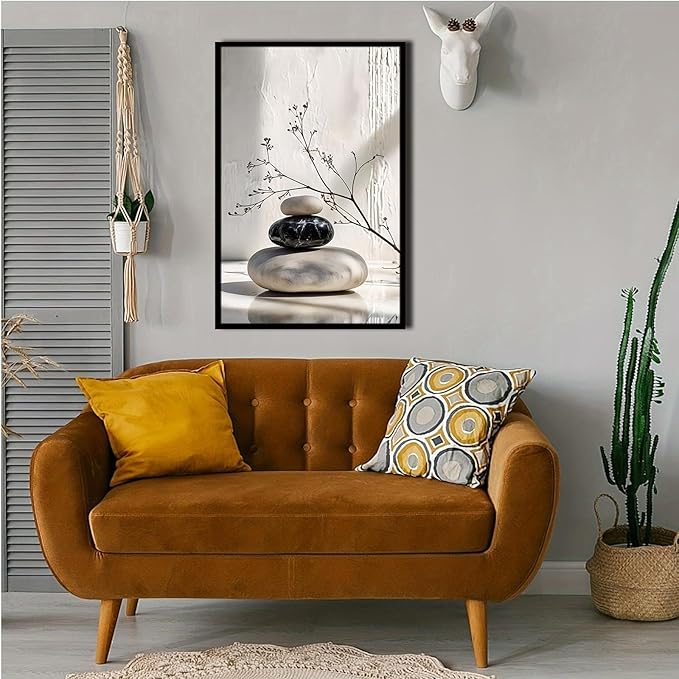 Gray and black stone pile and dried flowers poster canvas wall art in harmony Minimalist wall art for tranquil homes and mindful spaces 8x12in Metal blackFramed