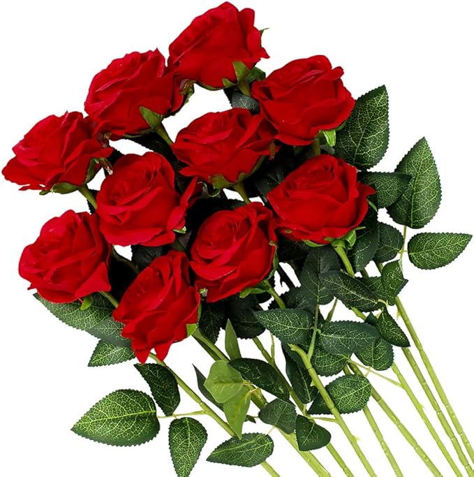 Veryhome Artificial Flowers Silk Roses Fake Bridal Wedding Bouquet for Home Garden Party Floral Decor 10 Pcs (Red Curved stem)