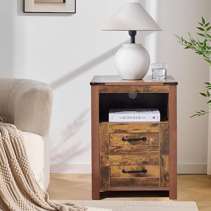 Farmhouse Night Stand, Rustic Brown Nightstand for Bedroom, End Tables with Charging Station, Bedside Table with Drawers, Wood Bedside Cabinet Dresser