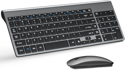 Wireless Keyboard and Mouse Ultra Slim Combo, TopMate 2.4G Silent Compact USB 2400DPI Mouse and Scissor Switch Keyboard Set with Cover, Batteries Included, for PC/Laptop/Windows/Mac - Gray Black