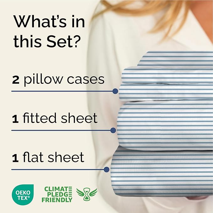 Striped Sheets - Blue & White Striped Sheets - 1 Flat & 1 Fitted & 2 Pillowcases w/ Deep Pockets – Comfy, Wrinkle & Fade Free - Soft, Breathable & Cooling - Luxury Pinstripe Bedding - King Size Set