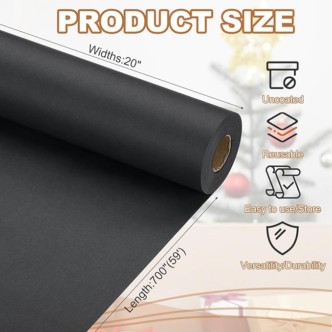 PATIKIL Wrapping Paper, 20" x 700"(59') 70 GSM Craft Paper Roll Kraft Packing Paper for Poster Bulletin Board, Gift Wrapping, Black