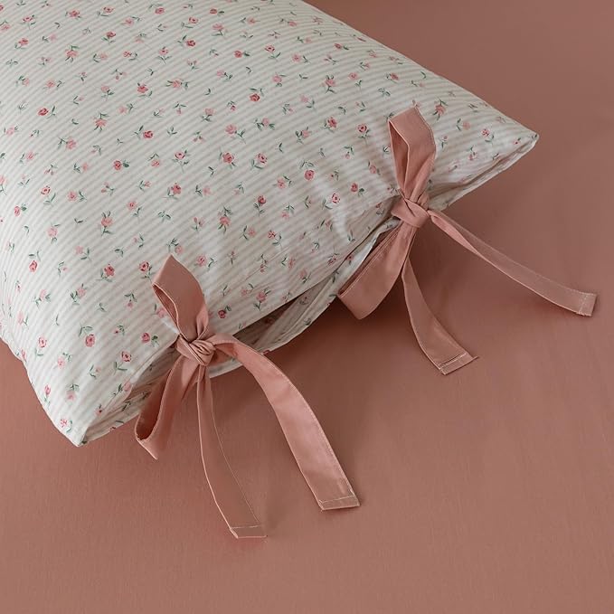 VM VOUGEMARKET Pink Flower Stripes Duvet Cover Set Twin 100% Cotton Blossom Duvet Cover with Zipper Closure,Cottagecore Bedding Set for Girls Women-68 x86,Off-White