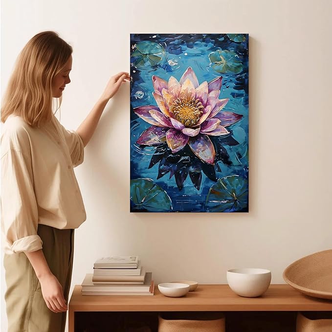 Gorgeous pink and purple water lilies on deep blue water Eye-catching oil painting Serene aquatic wall art for modern home decor 28x40in Frameless