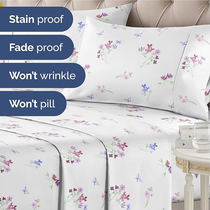 Floral Sheets - Butterfly Floral Bed Sheet Set - 1 Flat, 1 Fitted & 2 Pillowcases w/ Deep Pockets - Wrinkle & Fade Free - Boho Botanical Bedding - Ultra-Soft, Breathable and Cooling - King Size Set