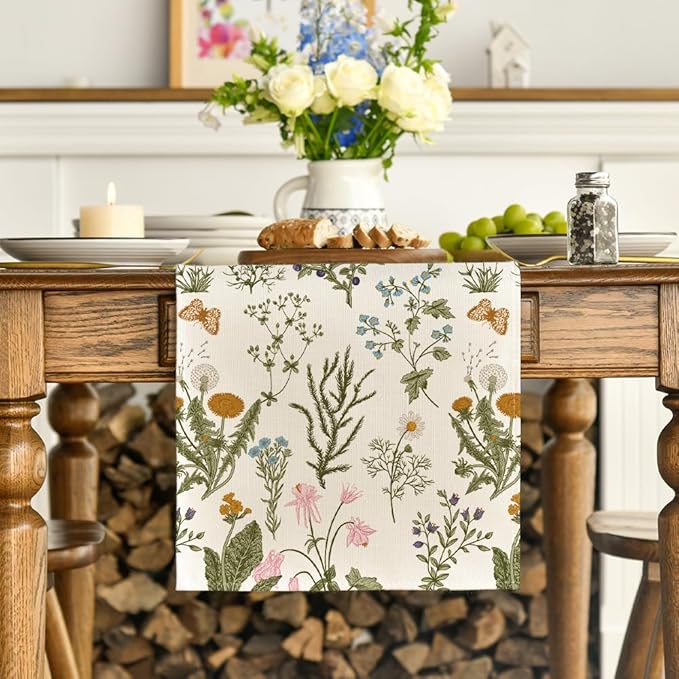 Artoid Mode Wildflowers Floral Spring Table Runner, Butterfly Seasonal Summer Kitchen Dining Table Decoration for Home Party Decor 13x90 Inch
