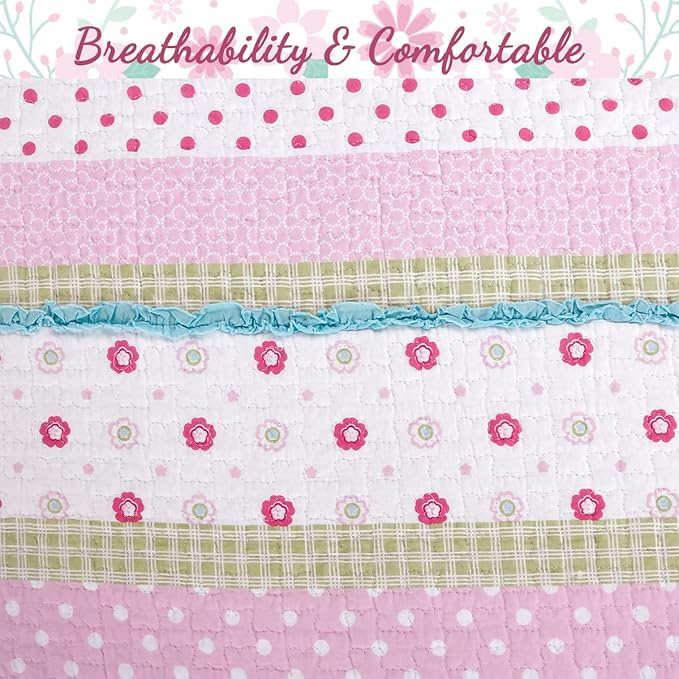 Cozy Line Home Fashions Pink Greta Pastel Polka Dot Flower Girl 100% Cotton Reversible Quilt Bedding Set, Coverlet, Bedspread (Greta Pastel, Twin - 5 Piece: 1 Quilt + 1 Sham + 3 Decor Pillows)