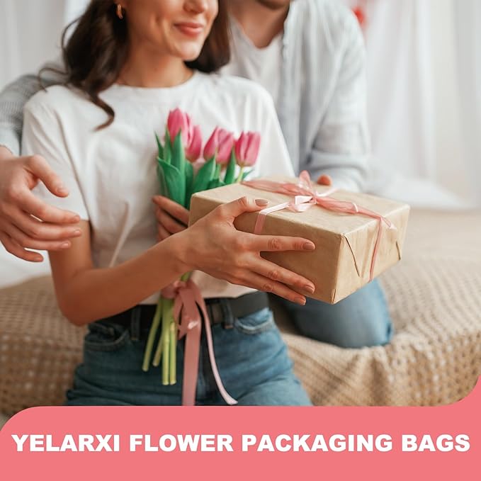 YELARXI Clear Flower Wrapping Bags, Transparent Flower Packaging Bag Waterproof Bouquet Sleeves with Lace - Fitting for (Florists/Floral Arrangements Supplies), 11.0x3.9x17.7 Inch & 100Pcs