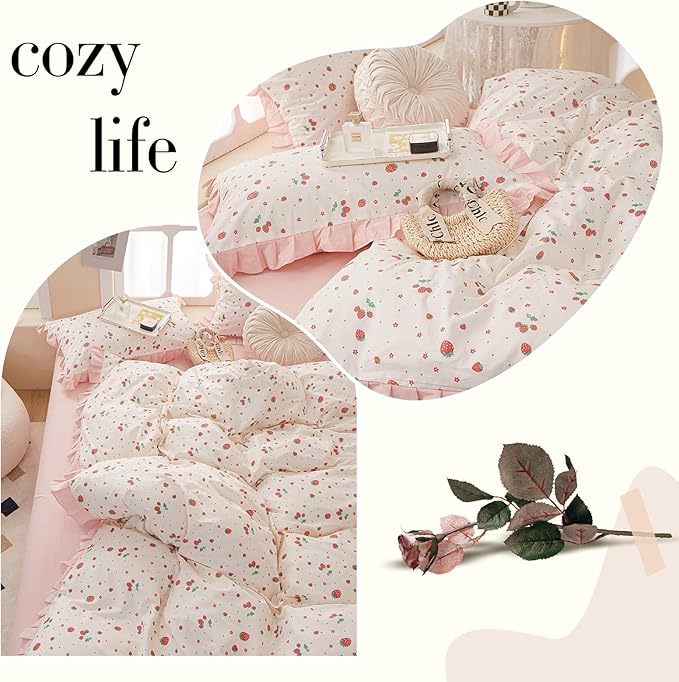 Pink Ruffle Duvet Cover Full Cute Strawberry Duvet Cover Girls Princess Lace Bedding Set Cotton Ruffled Comforter Cover Kawaii Strawberry Fruits Print Lace Bedding Comforfer Cover with 2 Pillowcases