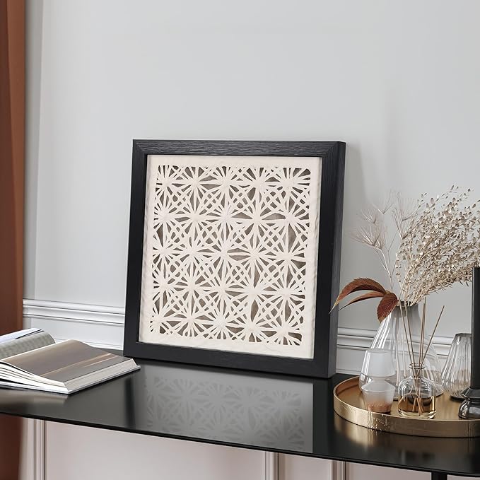 FOLKOR Abstract Framed Black and White Wall Art for Hallway Entryway Staircase, 12" Natural Rice Paper Geometric Wall Decor, Unique Room Aesthetic Artwork Wall Panel for Farmhouse Living Room Book Shop