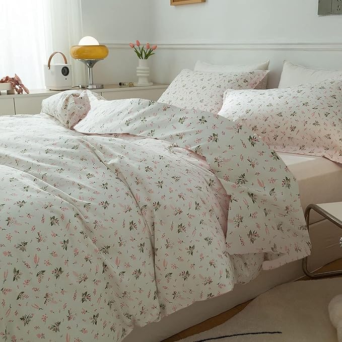 VM VOUGEMARKET Pink Flower Comforter Set Twin 3 Pcs White Farmhouse Floral Botanical Pattern Comforter Set, All Season Soft & Lightweight Comforter for Girls Women 68"x90"