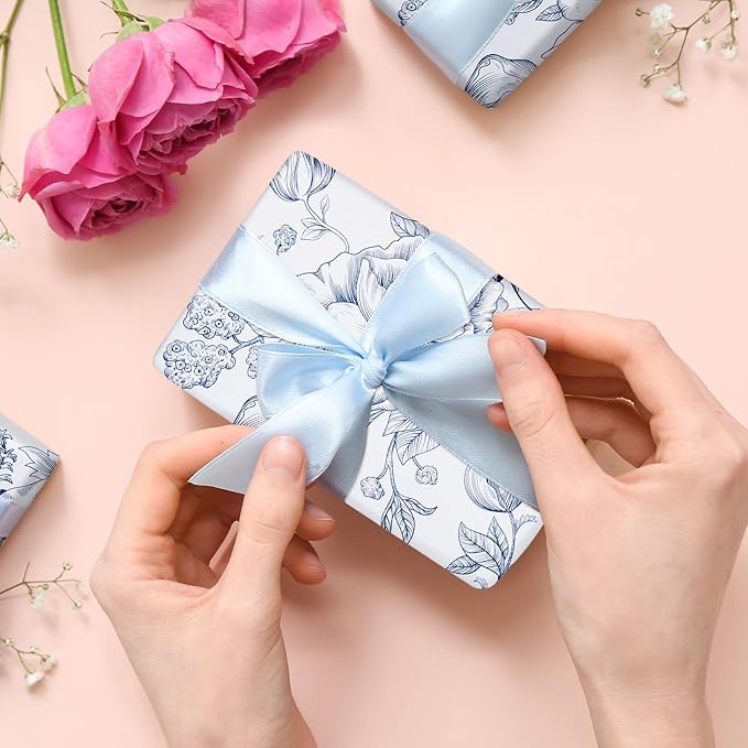 RayofSun Blue Floral Wrapping Paper Roll 17 in x 32ft Mini Roll Vintage Toile Flower Gift Wrap Paper for All Occasion Wedding Birthday Bridal Shower Party Baby Shower Christmas