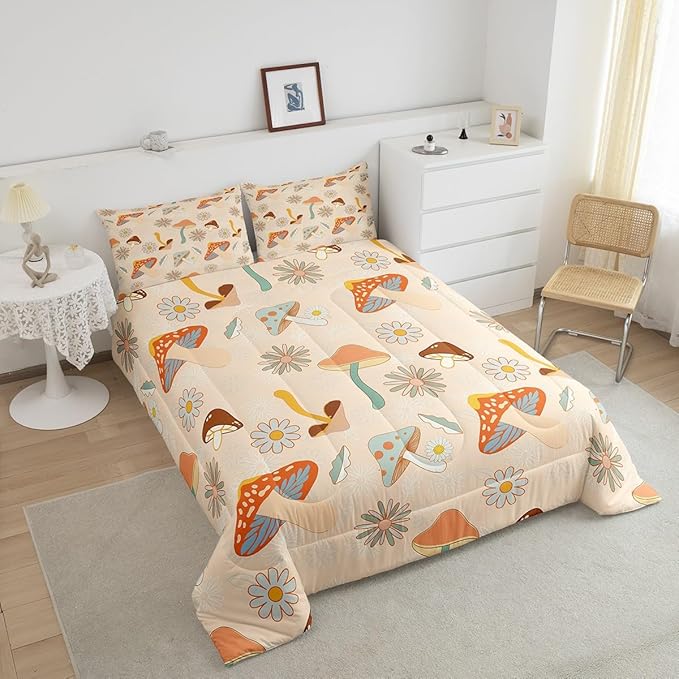 Castle Fairy 60s 70s Retro Mushroom Queen Size Comforter Set,Groovy Flowers Floral Bedding Set with 2 Pillowcases,Boho Art Breathable Polyester Bedding Comforters