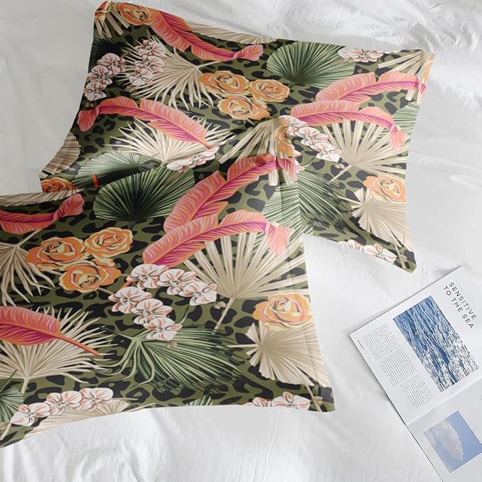 Comforter Set Queen Size, Summer Tropical Flowers 7 Pcs Bedding for Kids and Adults, Hawaiian Palm Leaf Leaves Bed Sheet Sets with Fitted Sheet 2 Pillowcase & 2 Sham for Bedroom Bed Decor
