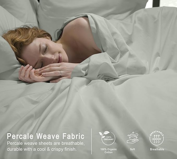 RUVANTI 100% Organic Cotton Sheets Twin Size, Percale Weave, GOTS Certified, 3-Piece Set, Deep Pocket 15", Crisp & Breathable, Soft Durable Bedding, Sábanas Algodón Orgánico – Mineral Gray